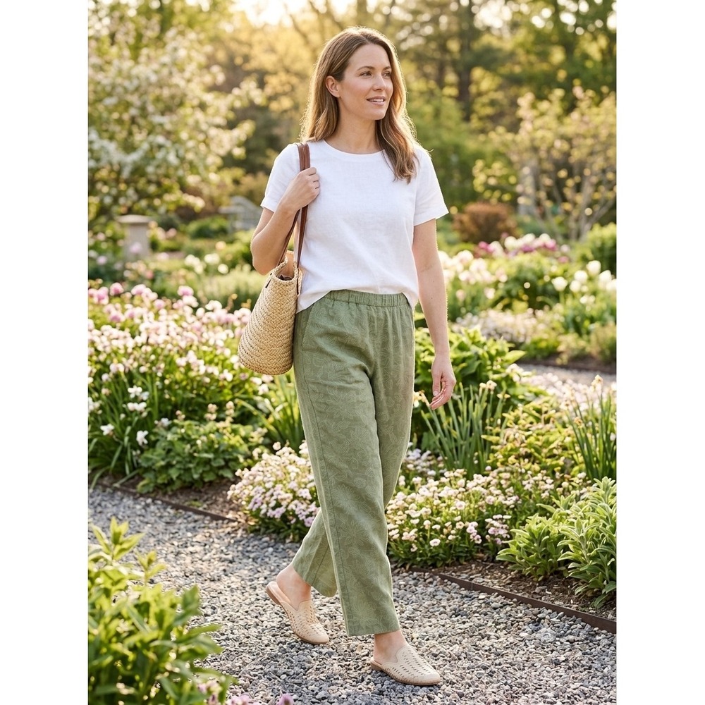 LL Bean 100% Linen Olive Green Floral Pants Elastic Back Wide Leg Petite Sz 10P
